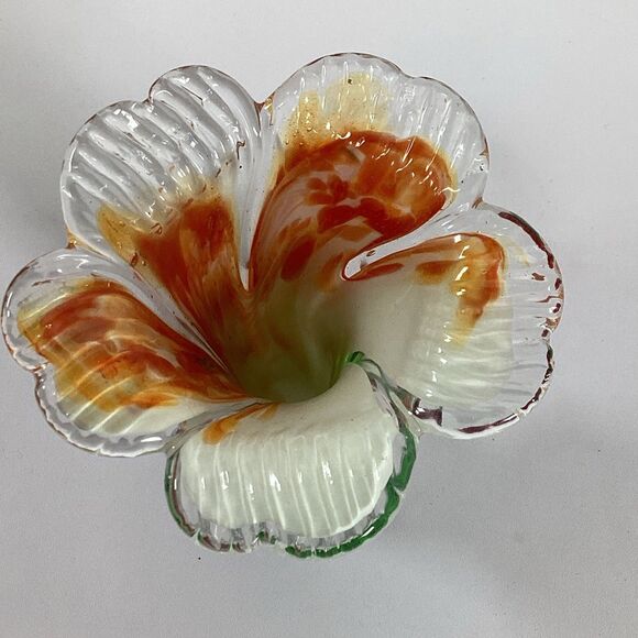 Vtg Vase Hand Blown Art Glass Rose Orange White Swirl Ruffled Crimped MCM Decor - Picture 5 of 8